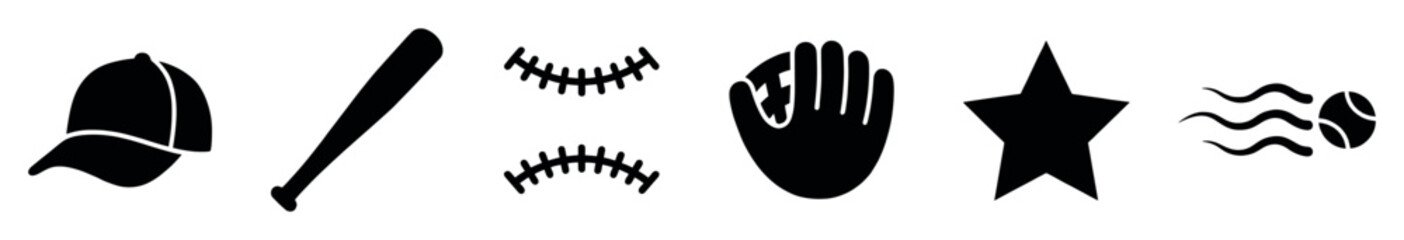 Fototapeta premium Collection of black baseball sport icons featuring a cap, bat, stitches, mitt, star, and fast ball presented in a simple graphic silhouette style for design elements