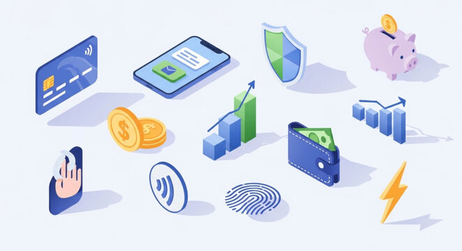 Financial Technology Icons Representing Security and Growth.