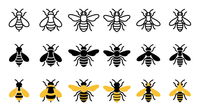 Versatile set of bee vector icons displayed in rows with different artistic treatments, including thin line, black silhouette, and classic yellow and black color schemes