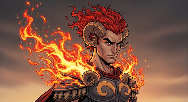 Fiery Warrior with Ram Horns and Intense Gaze.
