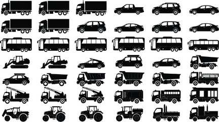 Vehicle silhouette icons, transportation illustration, trucks, buses, cars, tractors, utility vehicles, automotive design elements, transport comparison artwork, black silhouettes © Rifat's World