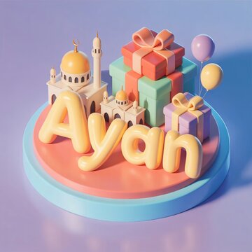 A cute 3D isometric scene on a pastel blue platform. "Ayan". Soft shadows, claymorphism style, vibrant colors, high quality.