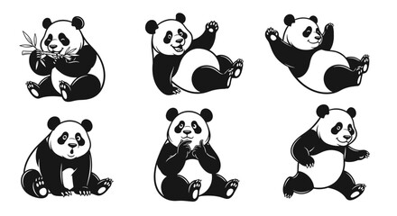 Naklejka premium Adorable Giant Panda Bears in Various Playful Poses Black and White Sketch.