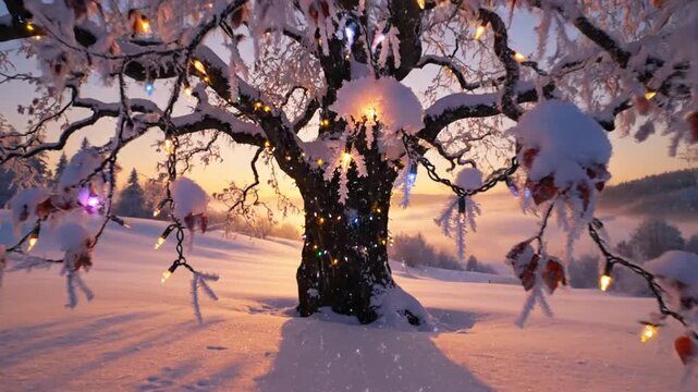 Tranquil winter landscape featuring a snow-covered tree casting long shadows at sunset