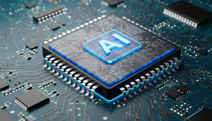 Obraz premium “AI-Illuminated Chip: Blue AI On-Chip Glow Amid Intricate Circuitry – High-Tech Computing Image”