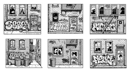 Fototapeta premium Gritty urban street art and graffiti on building walls in a black and white sketch style.