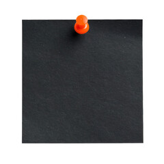 Black sticky note pinned with orange pushpin on transparent background