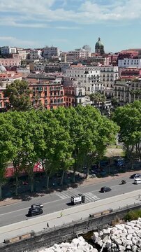 Chiaia Riviera At Naples In Campania Italy. Highrise Buildings Scenery. Downtown Cityscape. Chiaia Riviera At Naples In Campania Italy. Napoli Skyline. District Aerial View. Italy Skyline.