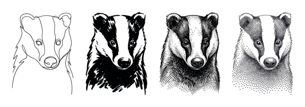Collection of four badger portraits rendered in diverse artistic methods from minimalist line drawing and bold ink sketch to classic engraving and modern stippling