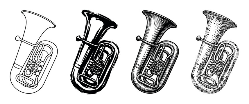 Collection of four tuba musical instruments drawn in different black and white techniques such as outline, ink brush, vintage engraving, and modern stippling dot art