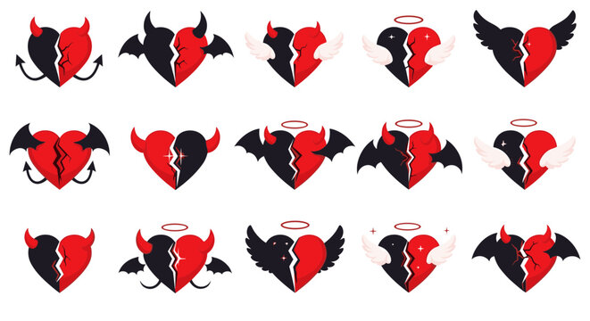 A set of devil and angel heart icons in red and black colors, symbolizing good and evil, love and temptation, in a vector graphic design.