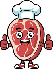 Cute steak chef mascot illustration with smiling meat character giving thumbs up cartoon food cooking vector isolated on white background