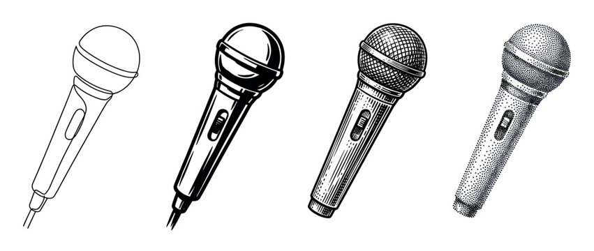 Collection of four hand-drawn microphones illustrated in diverse artistic styles, including simple outline, solid graphic, detailed engraving, and stippling dotwork