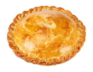 Golden baked savory pie with braided crust on transparent background