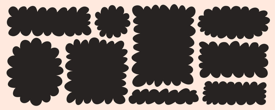 Organic wavy shape frames with soft zigzag edges in bold black silhouettes. Playful rectangle doodle forms for text blocks, labels and expressive graphic compositions