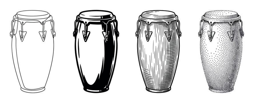 Set of four conga drum illustrations in different artistic styles including simple line art, solid black silhouette, vintage engraving, and detailed stippling dotwork
