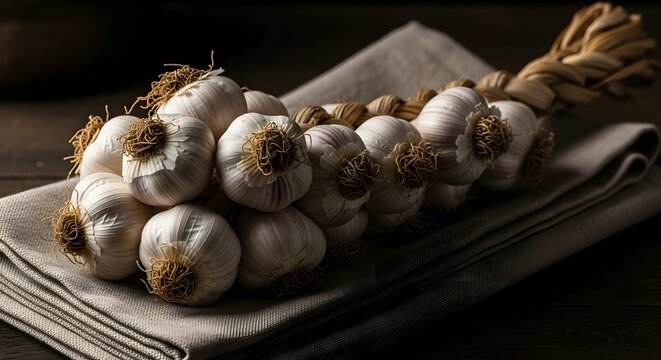 Fresh braided garlic bulbs resting on a rustic cloth on a dark wooden table in a moody kitchen setting.