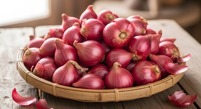 Fresh red shallots piled in a wicker bamboo tray on a rustic wooden table.