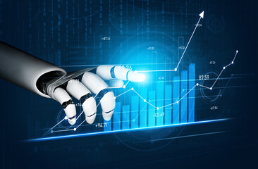A close-up of a robotic hand pointing at a digital graph, illustrating data growth. This image embodies innovation and technology in a modern business setting. Scalp