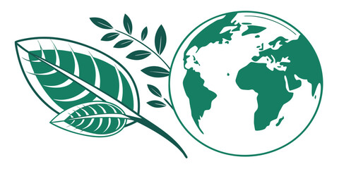 Graphic design featuring a simplified green globe alongside several stylized leaves and a small sprig representing organic life and planetary health.
