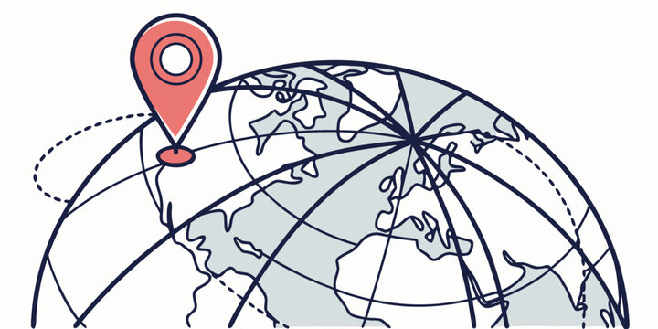 A map pin icon marks a location on a simplified globe illustration indicating global positioning service availability.