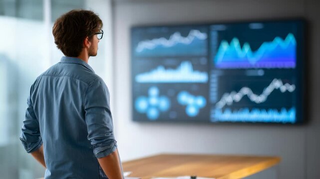 A man stands in front of large monitors reviewing dynamic financial charts and business analytics in a contemporary workspace. The scene reflects data driven decision making and technology trends