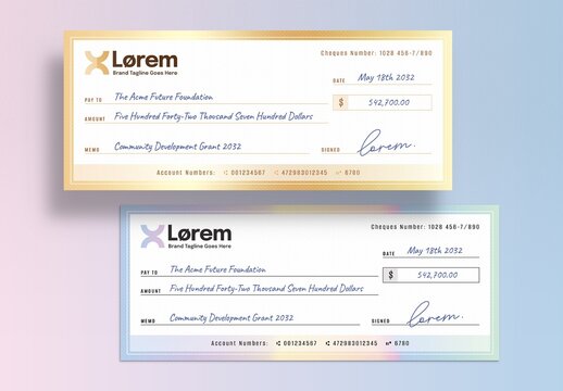 Blank Bank Check Check / Cheque Payment Slip Template for Business Banking & Charity Donation Checks