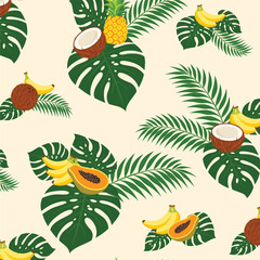 Obraz premium Tropical Fruit Foliage Seamless Pattern with Pineapple Banana Coconut and Monstera on Light Background