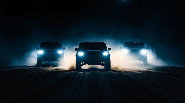Vehicles on a Dark Road: A convoy of rugged vehicles speeds through a dense, atmospheric haze, their headlights cutting through the darkness, evoking a sense of adventure and determination.