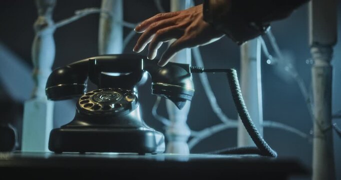 Woman's hesitant hand picking up old rotary phone in dark room - closeup