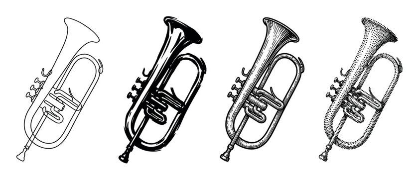 Set of four flugelhorn illustrations in different artistic styles including line art, silhouette, engraving, and stippling for musical design elements