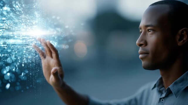 Focused individual engages with a virtual screen, representing advanced technology and digital transformation. The image conveys progress, connectivity, and the evolution of modern user experiences