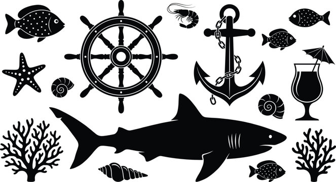 Nautical marine life silhouette collection with shark anchor steering wheel coral starfish and tropical cocktail icons for ocean theme summer vacation design