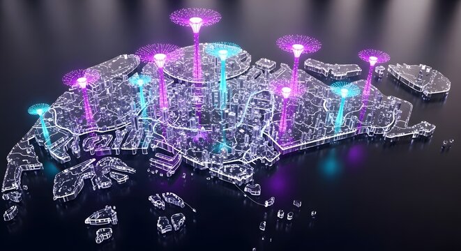 Futuristic Holographic Map of Singapore City with Glowing Supertrees and Digital Urban Design