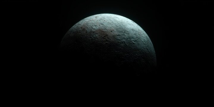 Moon surface half illuminated in dark outer space background