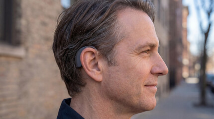 Fototapeta premium Mature man's profile bathed in soft daylight, a sleek hearing device subtly worn, experiencing the urban symphony on a clear day