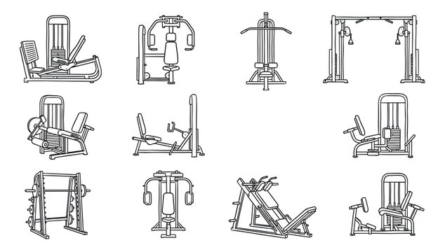 Collection of gym equipment illustrations for strength training and bodybuilding, featuring various machines like leg press and chest press in a clean black line art icon style