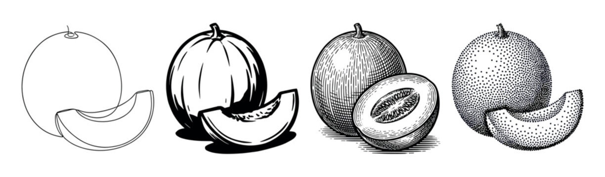 Collection of hand-drawn cantaloupe melon illustrations in various black and white techniques, from simple line art to detailed etching, bold graphics, and stippling