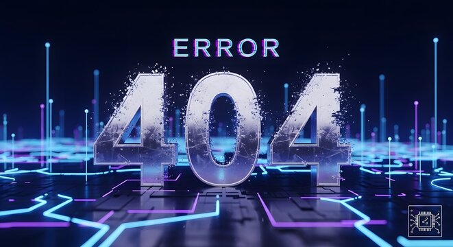 Digital error 404 page with futuristic network background