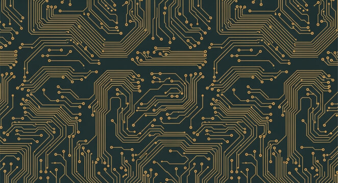 Detailed electronic circuit board pattern with many connections.