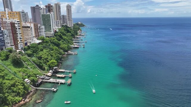 All Saints Bay At Salvador In Bahia Brazil. Urban Beach. Bay Water Scenery. Downtown City. All Saints Bay In Bahia Brazil. Peaceful Landscape.