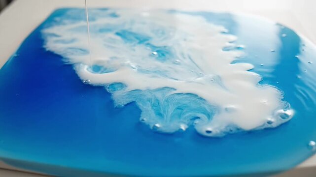 Close-up of a blue liquid with white swirls and bubbles, creating a mesmerizing abstract pattern
