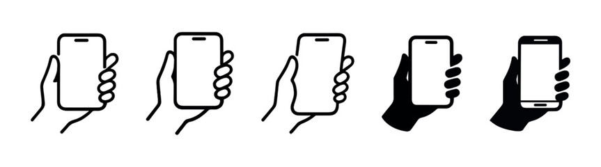 Hand holding smartphone icon set, minimal outline and solid black vector collection on transparent background