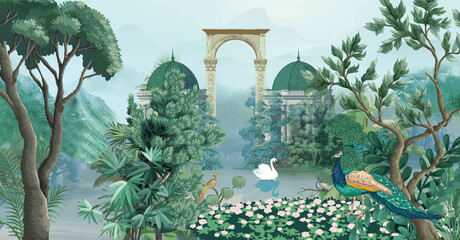 Mughal garden, dome illustration for wallpaper. Botanical tree landscape illustration and swan in a beautiful lake. © NoniGopal
