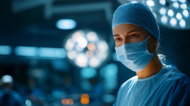 A confident woman doctor in sterile attire is ready for surgery under intense operating lights. The advanced hospital environment highlights dedication and cutting edge healthcare expertise