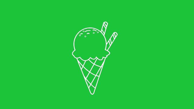 Minimal ice cream cone line animation on green background simple dessert icon clean vector style smooth loop motion clip