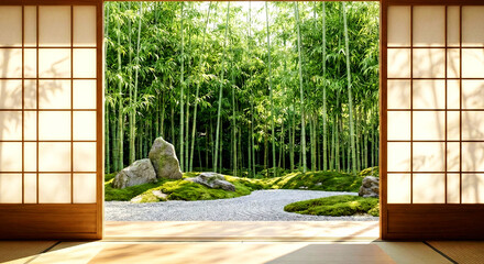 モダンな和室のインテリア、枯山水と竹林の風景、自然光の入る明るい空室、コピースペース