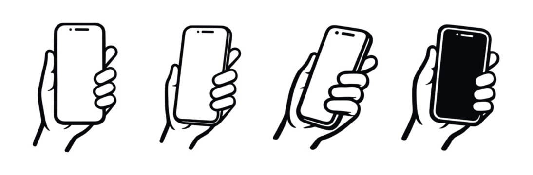 Hand holding smartphone icon set, mobile phone touch gestures, minimal outline vector collection isolated on transparent background