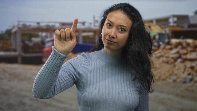 Woman raising index finger and open hand gesture at building construction site, palm prominent in foreground; confidence.