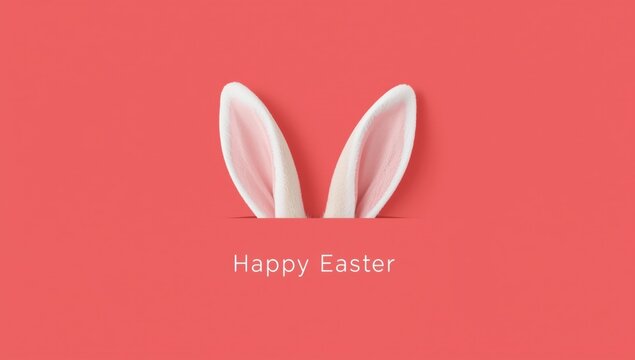 Pink background with white rabbit ears and Happy Easter text bunny